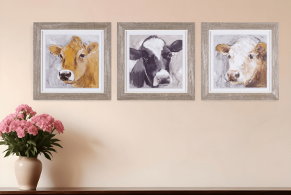 Set of Three Brown 10" X 10" Whimsical Cows Wood Framed Wall Decor