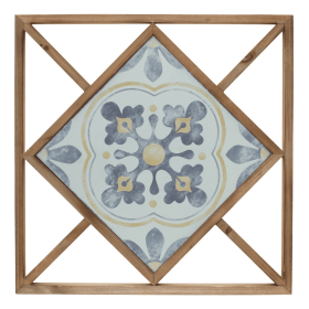 Set of Two 14" X 0" White Blue and Brown Floral Wood and Metal Framed Art