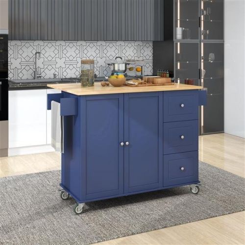 Rolling Mobile Kitchen Island with Drop Leaf - Solid Wood Top, Locking Wheels & Storage Cabinet 52.7 Inch Width(Dark blue) Rolling Mobile Kitchen Island with Drop Leaf - Solid Wood Top, Locking Wheels & Storage Cabinet 52.7 Inch Width(Dark blue)