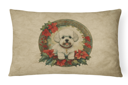 Christmas Flowers Frame Throw Pillow (Design: Bichon Frise 2320)