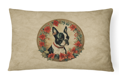 Christmas Flowers Frame Throw Pillow (Design: Boston Terrier 2327)
