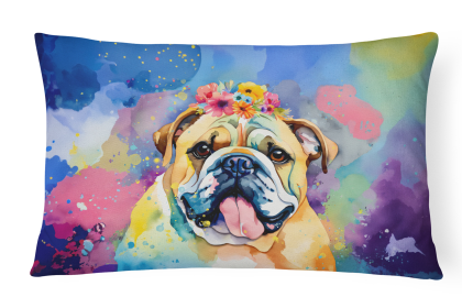 Hippie Dawg Throw Pillow (Dog Breed: English Bulldog 2476)