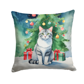 Cat By Christmas Tree Throw Pillow (Design: Aegean Cat)