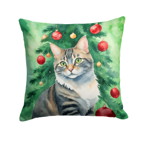 Cat By Christmas Tree Throw Pillow (Design: American Bobtail Cat)