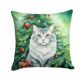 Cat By Christmas Tree Throw Pillow (Design: American Curl Cat)