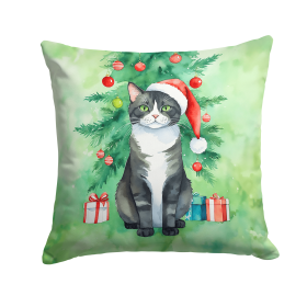 Cat By Christmas Tree Throw Pillow (Design: American Polydactyl Cat)