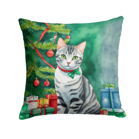 Cat By Christmas Tree Throw Pillow (Design: American Shorthair Cat)