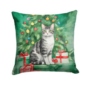 Cat By Christmas Tree Throw Pillow (Design: American Wirehair Cat)