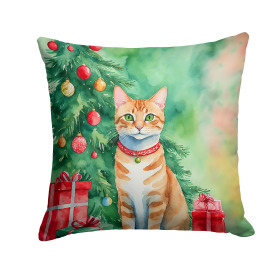 Cat By Christmas Tree Throw Pillow (Design: Arabian Mau Cat)