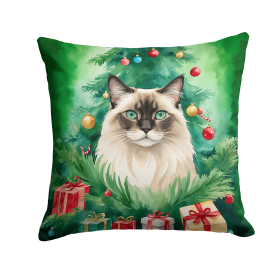 Cat By Christmas Tree Throw Pillow (Design: Balinese Cat)