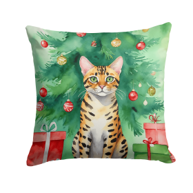 Cat By Christmas Tree Throw Pillow (Design: Bengal Cat)