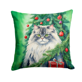 Cat By Christmas Tree Throw Pillow (Design: British Longhair Cat)