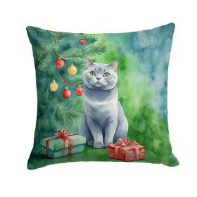 Cat By Christmas Tree Throw Pillow (Design: British Shorthair Cat)