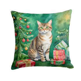 Cat By Christmas Tree Throw Pillow (Design: California Spangled Cat)