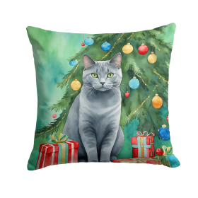 Cat By Christmas Tree Throw Pillow (Design: Chartreux Cat)