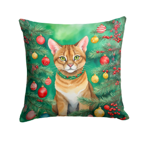 Cat By Christmas Tree Throw Pillow (Design: Chausie Cat)