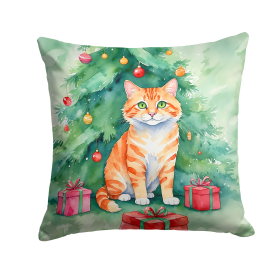 Cat By Christmas Tree Throw Pillow (Design: Cheetoh Cat)