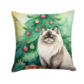 Cat By Christmas Tree Throw Pillow (Design: Colorpoint Longhair Cat)