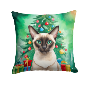 Cat By Christmas Tree Throw Pillow (Design: Colorpoint Shorthair Cat)