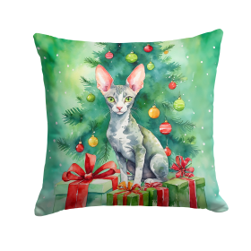 Cat By Christmas Tree Throw Pillow (Design: Cornish Rex Cat)