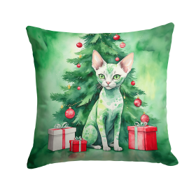 Cat By Christmas Tree Throw Pillow (Design: Devon Rex Cat)