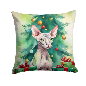 Cat By Christmas Tree Throw Pillow (Design: Donskoy Don Sphynx Cat)