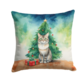 Cat By Christmas Tree Throw Pillow (Design: Dwelf Cat)