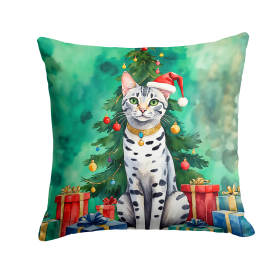 Cat By Christmas Tree Throw Pillow (Design: Egyptian Mau Cat)