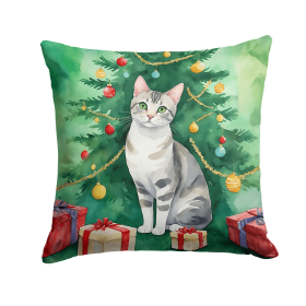 Cat By Christmas Tree Throw Pillow (Design: European Shorthair Cat)