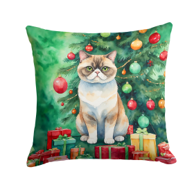 Cat By Christmas Tree Throw Pillow (Design: Exotic Shorthair Cat)