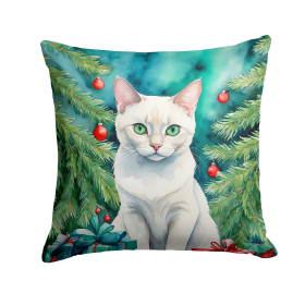 Cat By Christmas Tree Throw Pillow (Design: Foreign White Cat)