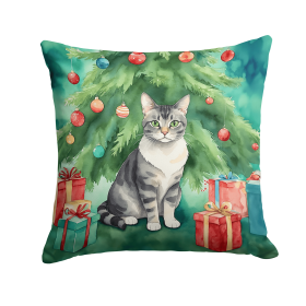 Cat By Christmas Tree Throw Pillow (Design: German Rex Cat)