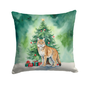 Cat By Christmas Tree Throw Pillow (Design: Highlander Lynx Cat)