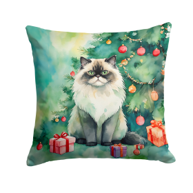 Cat By Christmas Tree Throw Pillow (Design: Himalayan Cat)