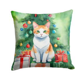 Cat By Christmas Tree Throw Pillow (Design: Japanese Bobtail Cat)