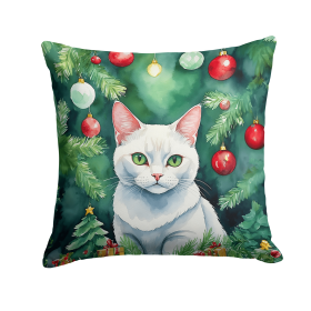Cat By Christmas Tree Throw Pillow (Design: Khao Manee Cat)
