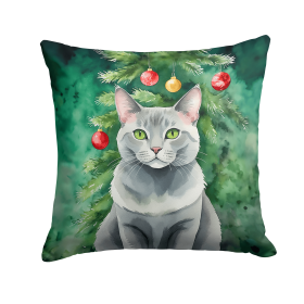 Cat By Christmas Tree Throw Pillow (Design: Korat Cat)