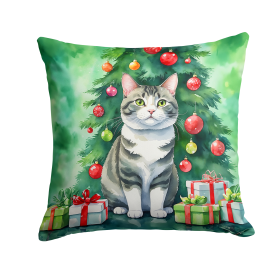 Cat By Christmas Tree Throw Pillow (Design: Korean Bobtail Cat)