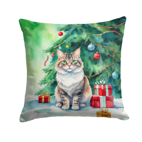 Cat By Christmas Tree Throw Pillow (Design: Kurilian Bobtail Cat)