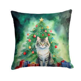 Cat By Christmas Tree Throw Pillow (Design: La Perm Cat)