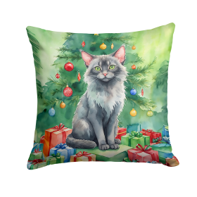 Cat By Christmas Tree Throw Pillow (Design: Lykoi Cat)