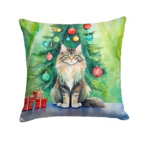Cat By Christmas Tree Throw Pillow (Design: MaineCoon Cat)