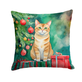 Cat By Christmas Tree Throw Pillow (Design: Malayan Cat)