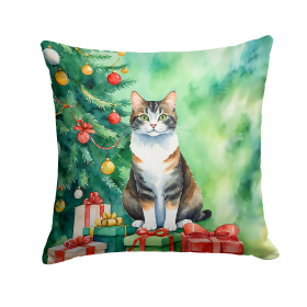 Cat By Christmas Tree Throw Pillow (Design: Manx Cat)