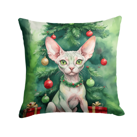 Cat By Christmas Tree Throw Pillow (Design: Minskin Cat)