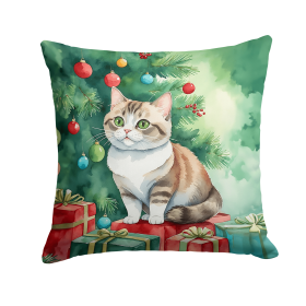 Cat By Christmas Tree Throw Pillow (Design: Munchkin Cat)