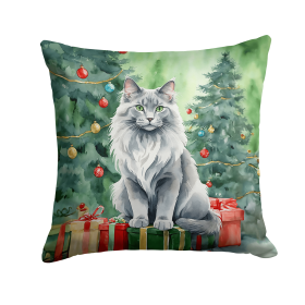 Cat By Christmas Tree Throw Pillow (Design: Nebelung Cat)