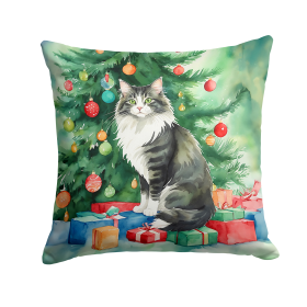 Cat By Christmas Tree Throw Pillow (Design: Norwegian Forest Cat)