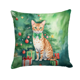 Cat By Christmas Tree Throw Pillow (Design: Ocicat Cat)