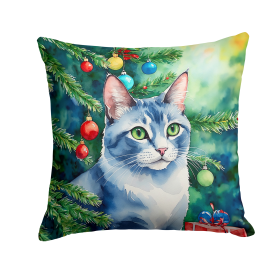 Cat By Christmas Tree Throw Pillow (Design: Ojos Azules Cat)